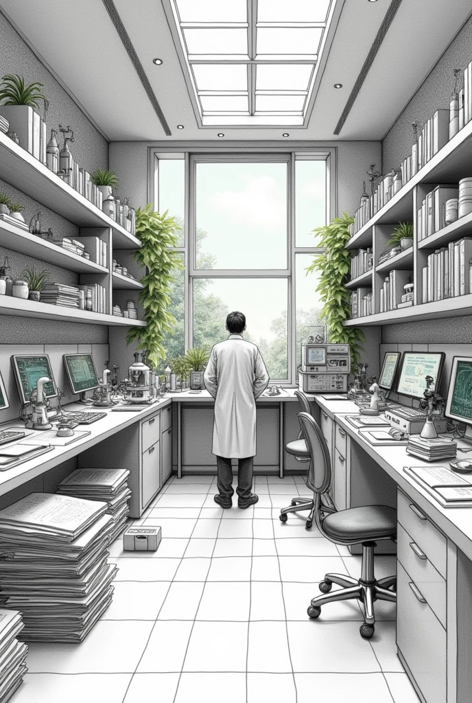 “A detailed pencil-drawn illustration of a futuristic science scene on A4 paper. The image showcases a well-organized laboratory with various scientific equipment, including beakers, microscopes, and computer screens displaying complex data. The scientist is deeply focused, wearing a lab coat and surrounded by notes, research papers, and an open laptop. The background includes shelves filled with books, plants, and scientific models, as well as a large window offering a serene view of nature. The overall atmosphere should be sophisticated and organized, focusing on scientific progress without leaning into sci-fi elements.”