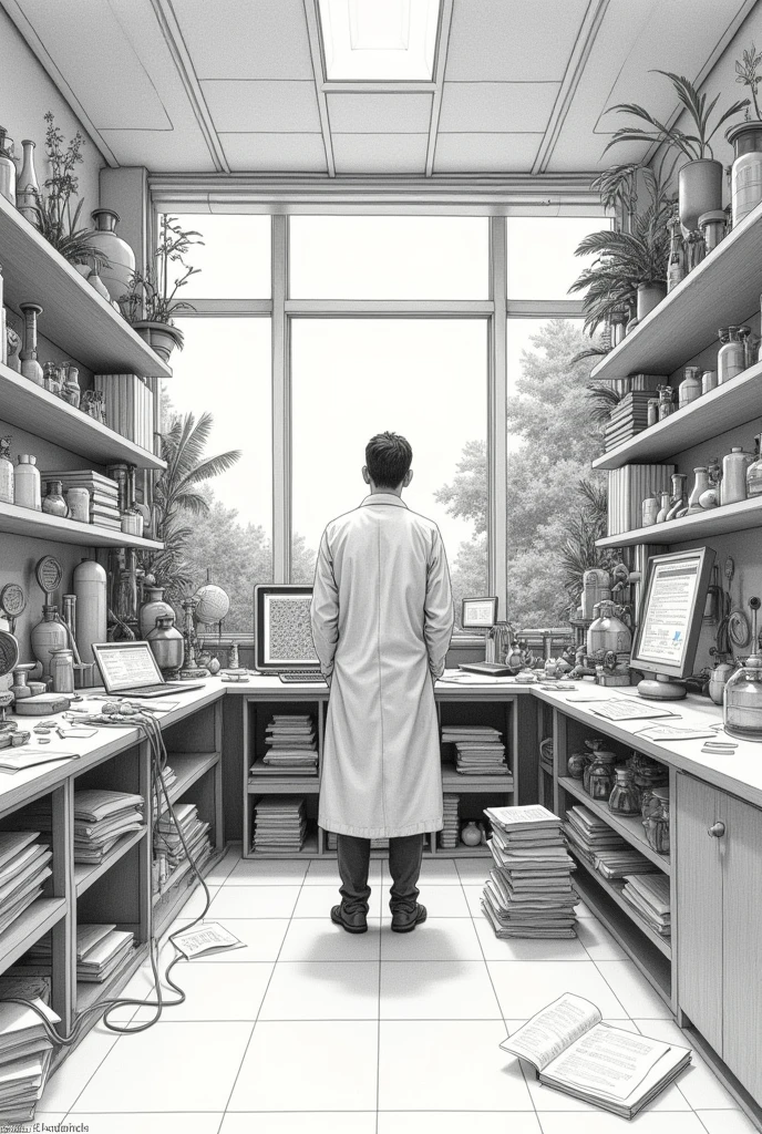 “A detailed pencil-drawn illustration of a futuristic science scene on A4 paper. The image showcases a well-organized laboratory with various scientific equipment, including beakers, microscopes, and computer screens displaying complex data. The scientist is deeply focused, wearing a lab coat and surrounded by notes, research papers, and an open laptop. The background includes shelves filled with books, plants, and scientific models, as well as a large window offering a serene view of nature. The overall atmosphere should be sophisticated and organized, focusing on scientific progress without leaning into sci-fi elements.”