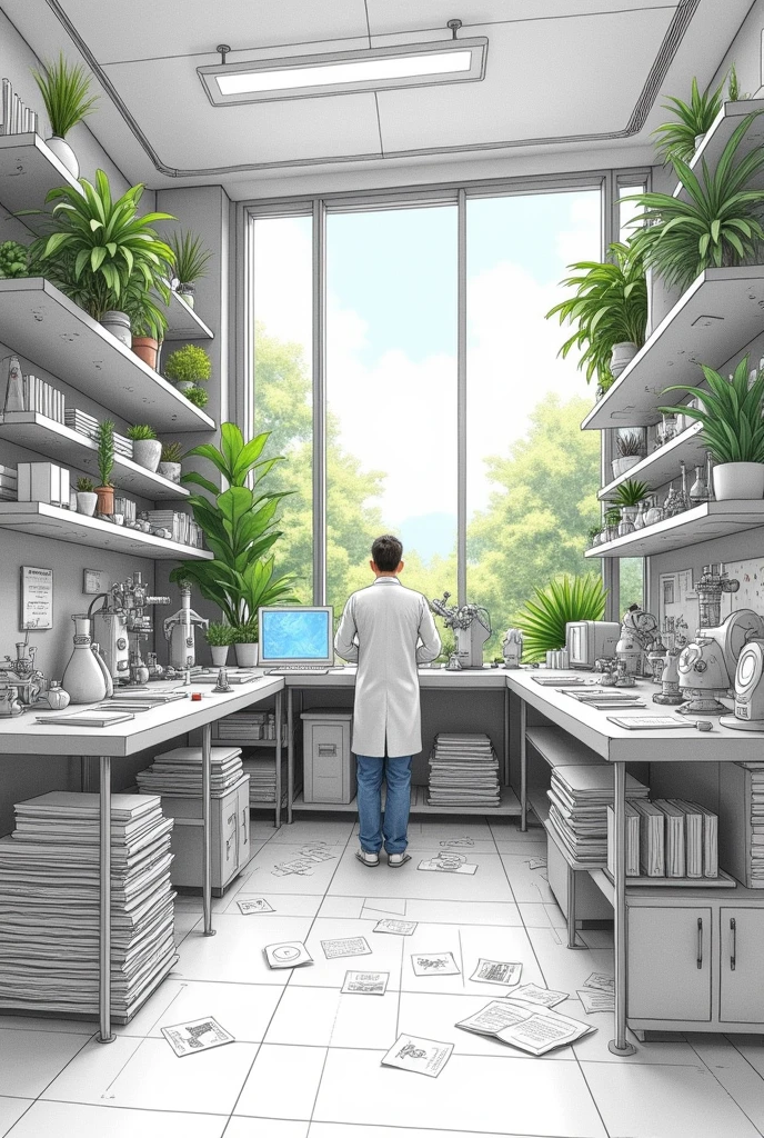 “A detailed pencil-drawn illustration of a futuristic science scene on A4 paper. The image showcases a well-organized laboratory with various scientific equipment, including beakers, microscopes, and computer screens displaying complex data. The scientist is deeply focused, wearing a lab coat and surrounded by notes, research papers, and an open laptop. The background includes shelves filled with books, plants, and scientific models, as well as a large window offering a serene view of nature. The overall atmosphere should be sophisticated and organized, focusing on scientific progress without leaning into sci-fi elements.”