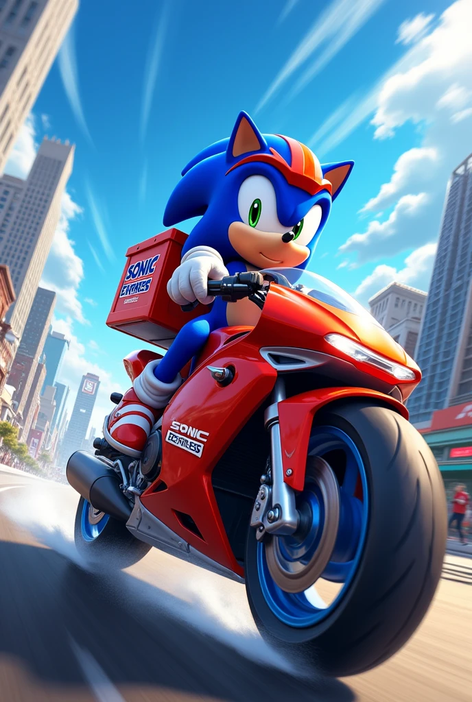 Sonic riding a motorcycle with a delivery backpack that says "Sonic Express"