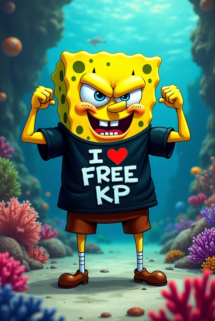 A fearsome SpongeBob with a shirt written "I love Free KP"