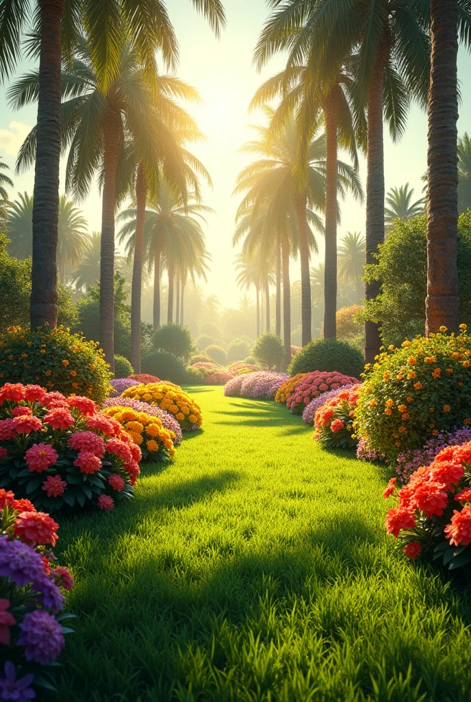 (photorealism:1.2), A garden with flowers, short grass, and palm trees."