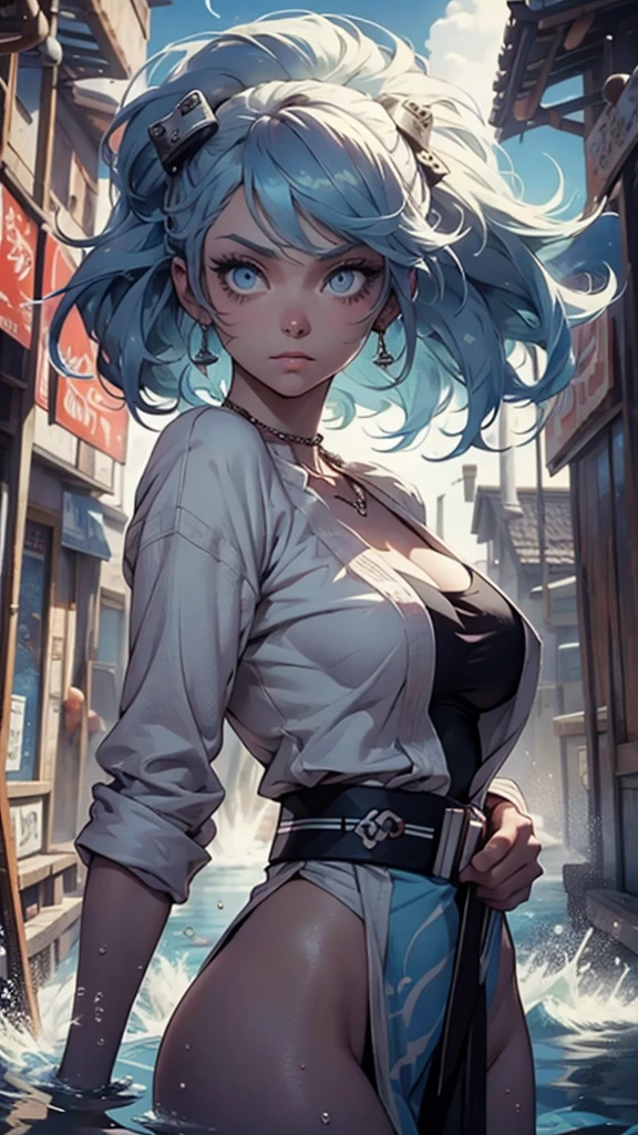 jedi, lightsaber, fair robes, flegs, foreigner, curvey, Seriously, lightsaber azul, (best qualityer)+, work of art+Blue hair length to mid back, with a necklace and a blue and white dress, a halo of water over the head, visible scales on the body and face, NSFW,ultra-realistic skin,pose, pose,template sheet, 3D style, sexly