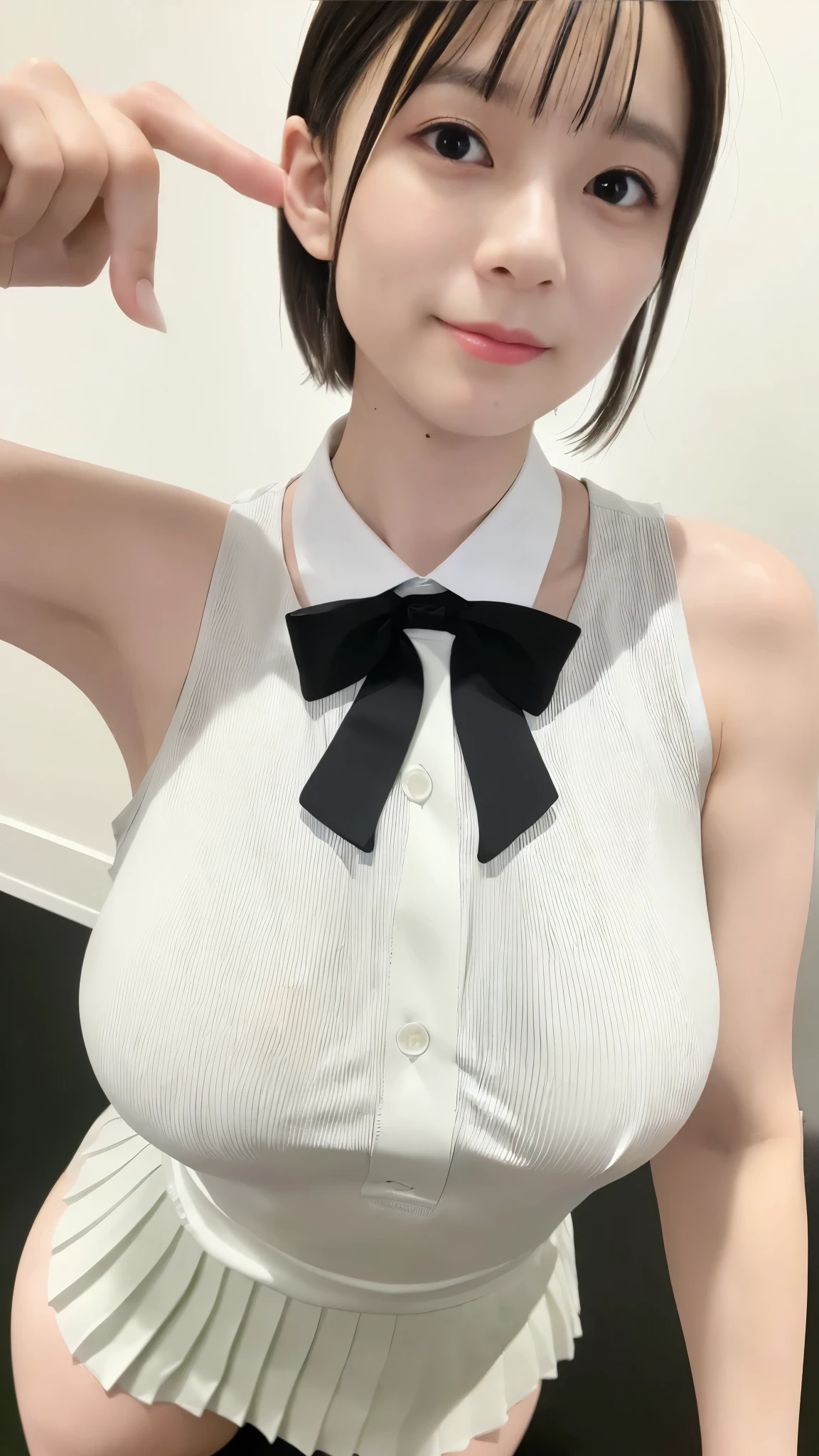 (8k,Ultra-high resolution,Highest quality,masterpiece,Realistic,Ultra-high resolution,High-quality RAW color photos,Professional photos,Realistic,Realistic),Natural skin texture,Fine skin,Hyperrealism,Intricate details,Adult women,Eye highlights.Lip gloss,Shiny skin,Glossy Lips,((Cute smile),Short Hair,Dark blonde hair,bangs),(gigantic breast,Big Breasts),(((White Sleeveless Dress Shirt,Sleeveless collared dress shirt,gray pleated mini skirt),Knee-high boots,face focus,See-through nipples)),Streets of skyscrapers