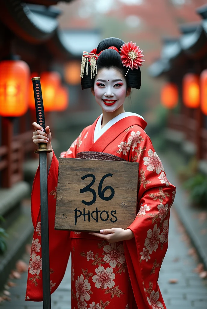 a geisha warrior,Grinning, holding a written sign: 36 Photos