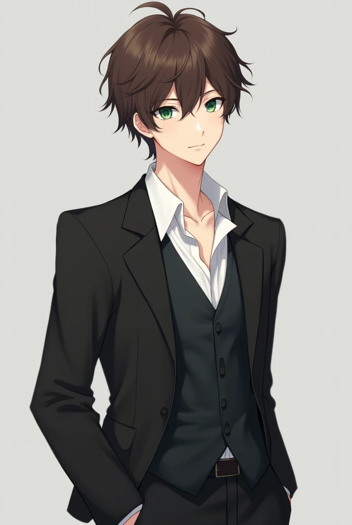 More mature anime style image. A gray background image. A teenager, messy brown hair and dark green eyes. He wore school clothes, a white dress shirt, the first button unbuttoned, a black vest and a black blazer, black pants. His expression was calm and a small smile.
