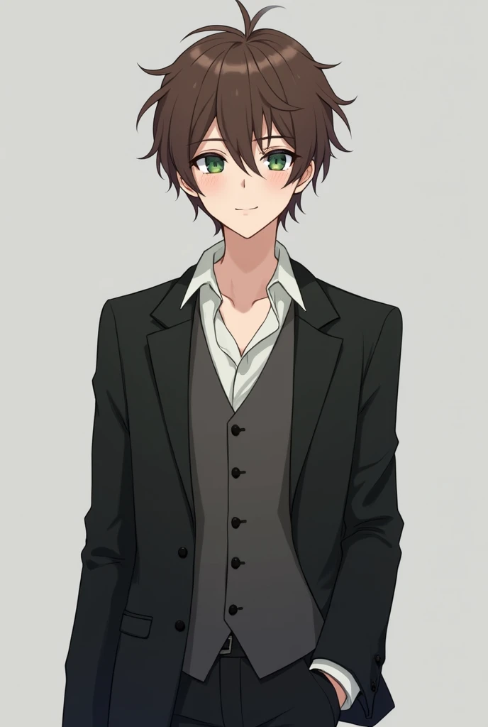 More mature anime style image. A gray background image. A teenager, messy brown hair and dark green eyes. He wore school clothes, a white dress shirt, the first button unbuttoned, a black vest and a black blazer, black pants. His expression was calm and a small smile.