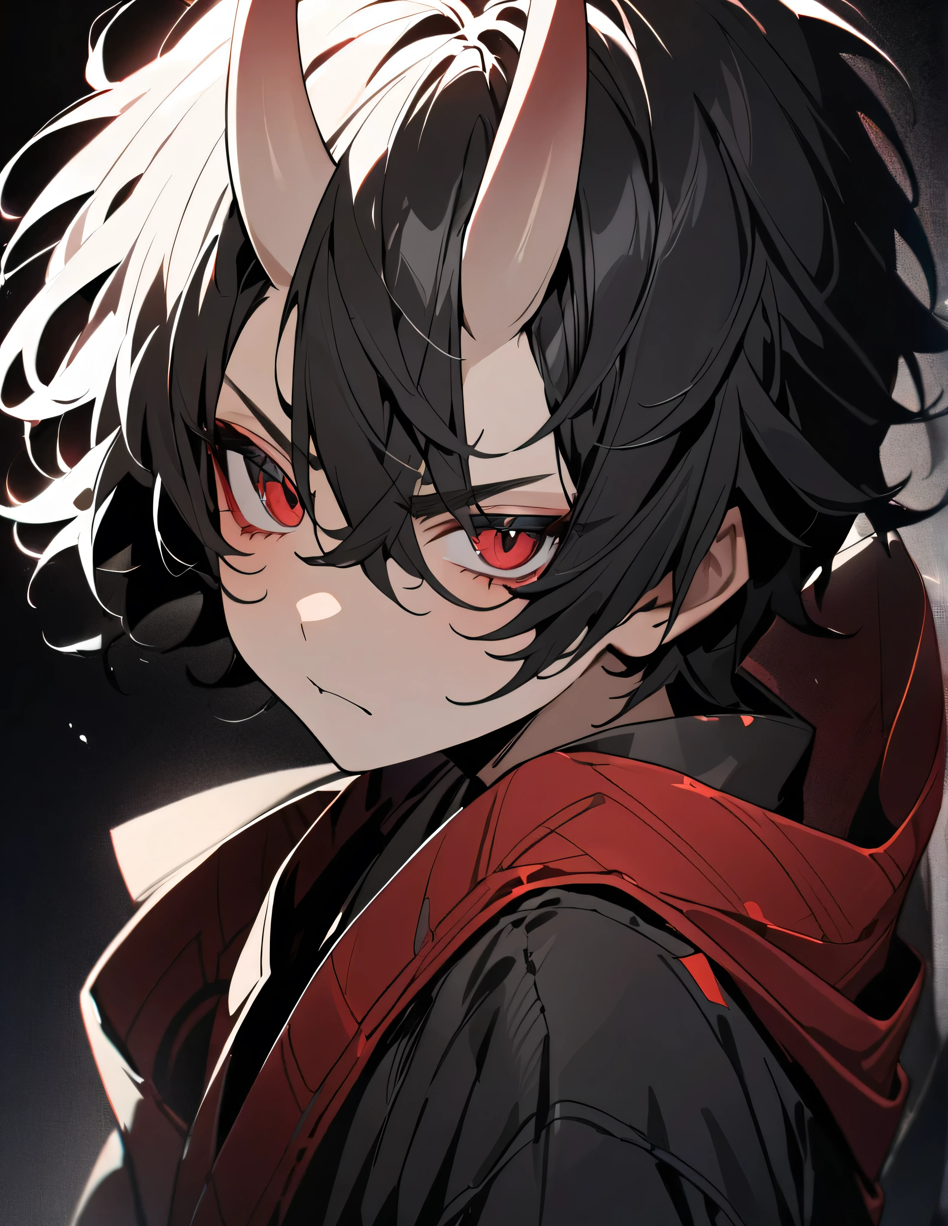 ((BLACK BACKGROUND:1.5)), masterpiece, best quality, ultra detailed, exquisite, beautiful, highres, abyss, ((1 boy)), shota, oni, Angry, looking at viewer, men's short hair, hair covering eyes, black hair, red eyes, japanese clothes, with a scar, with horns, 13-year-old, outside, upper body, ((headshot))