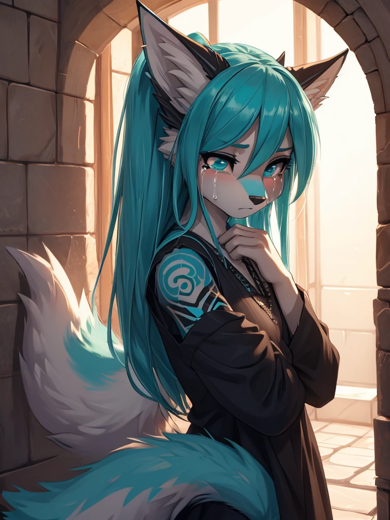 1 girl, Miku Hatsune, add high definition_detail:1, blue fur,kitsune ears, tribal tattoo add_detail:1, frente a un espejo, ropa casual  black blouse, licra mini short add_detail:1, mirads perdida, triste y llorando, dentro de una ducha llorando sentada crying girl, very very sadness, con sus manos se talla su ojitos, se esta bañando en una regadera cuarto de baño cute add_detail 