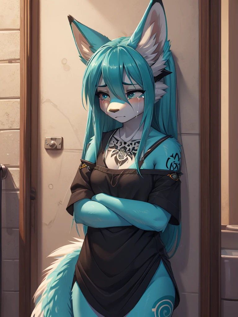 1 girl, Miku Hatsune, add high definition_detail:1, blue fur,kitsune ears, tribal tattoo add_detail:1, frente a un espejo, ropa casual  black blouse, licra mini short add_detail:1, mirads perdida, triste y llorando, dentro de una ducha llorando sentada crying girl, very very sadness, con sus manos se talla su ojitos, se esta bañando en una regadera cuarto de baño cute add_detail 