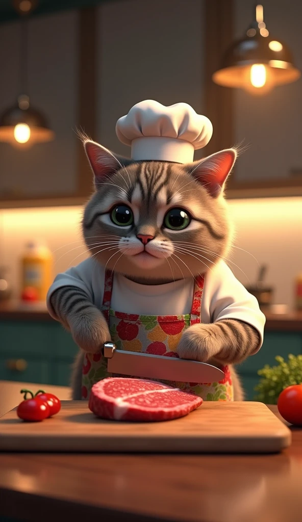 cute fat cat wear clothes, cutting meat beef using knife, Use maximum realistic, As in the photo. In the background, draw a clear kitchen without blurring. ultra realistic, 3d render