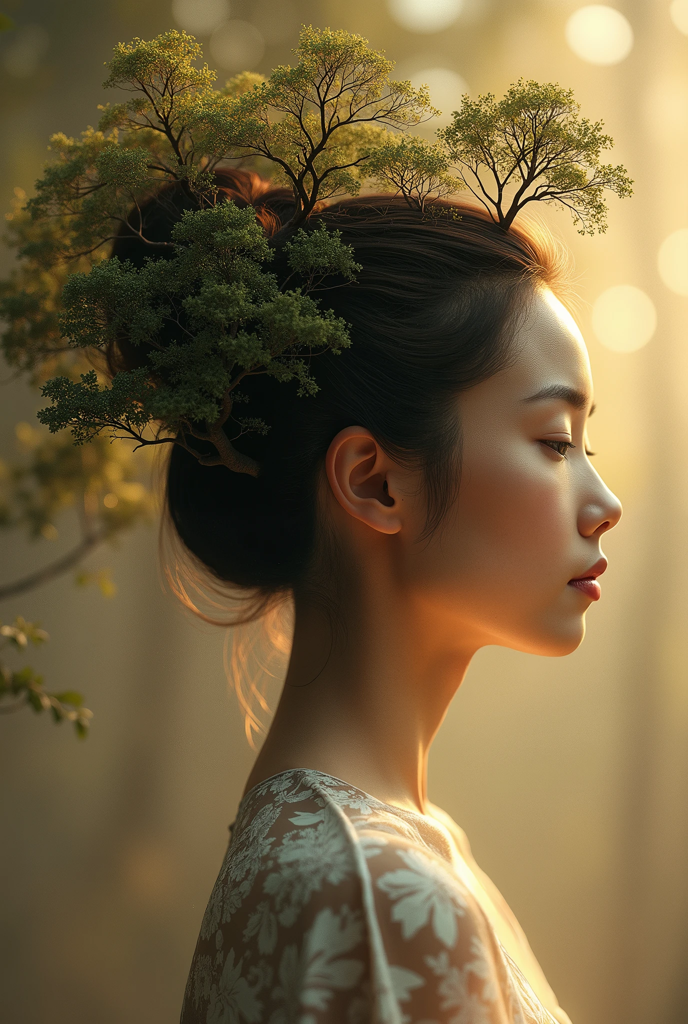 A portrait of an Asian woman with hair in the shape of branches, in the style of Mandy Disher, digital art style, brown background, surrealistic painting, elegant and intricate composition, detailed facial features, with trees growing from her head, symbolizing growth or connection to nature. The artwork is richly textured, creating depth and realism. It embodies tranquility and serenity, with soft lighting that enhances its ethereal qualit