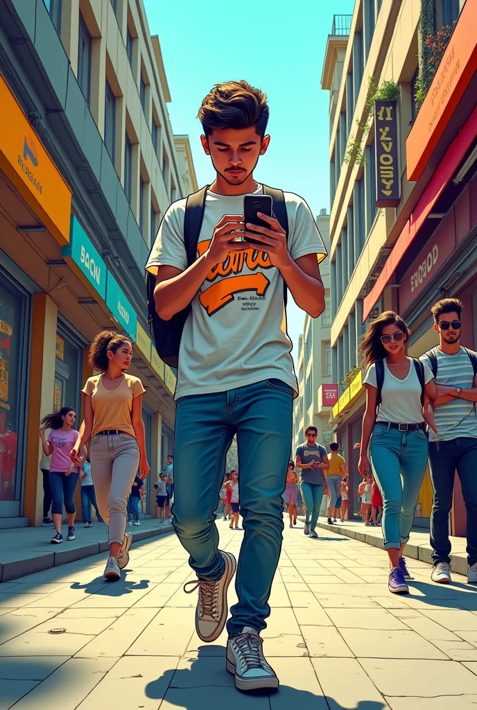 create an image with this A modern human with a smartphone, completely absorbed, walking without paying attention to their surroundings.. with comic style. No text clouds