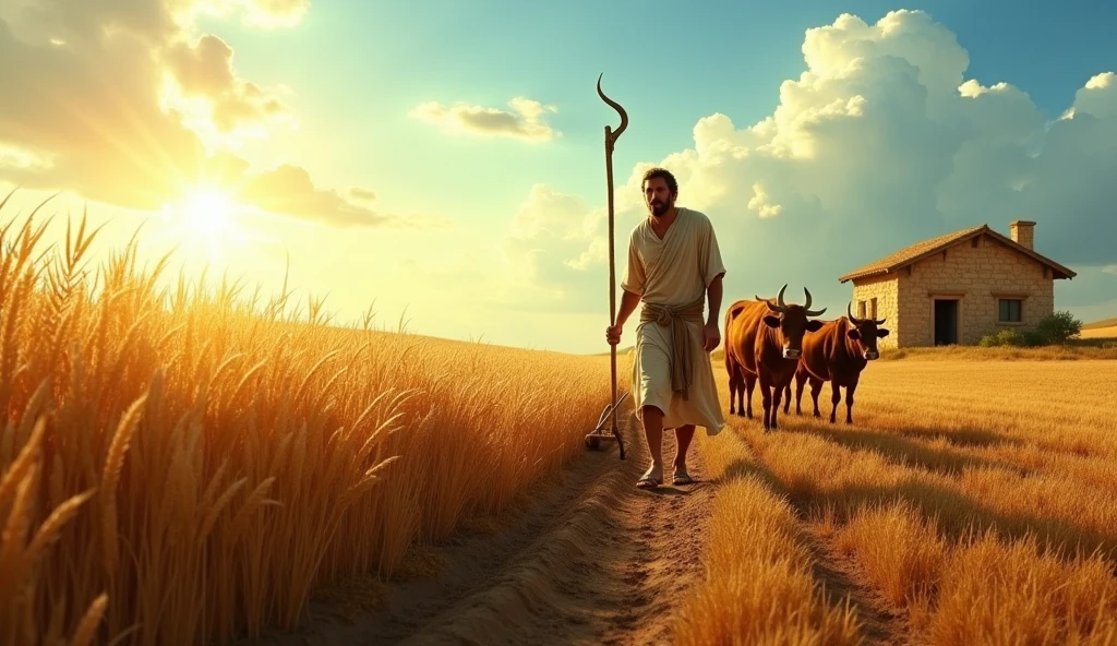Create an image that visually represents the first part of the message in a biblical context: 'In all labor there is profit.' Show a scene of a man or woman in biblical times working diligently, like a farmer plowing a field or a craftsman carving wood, with an aura of golden light around him, symbolizing divine blessing and reward for hard work. The background should include elements typical of the period, like a bountiful harvest or a built house, reflecting the prosperity that comes from diligent effort.