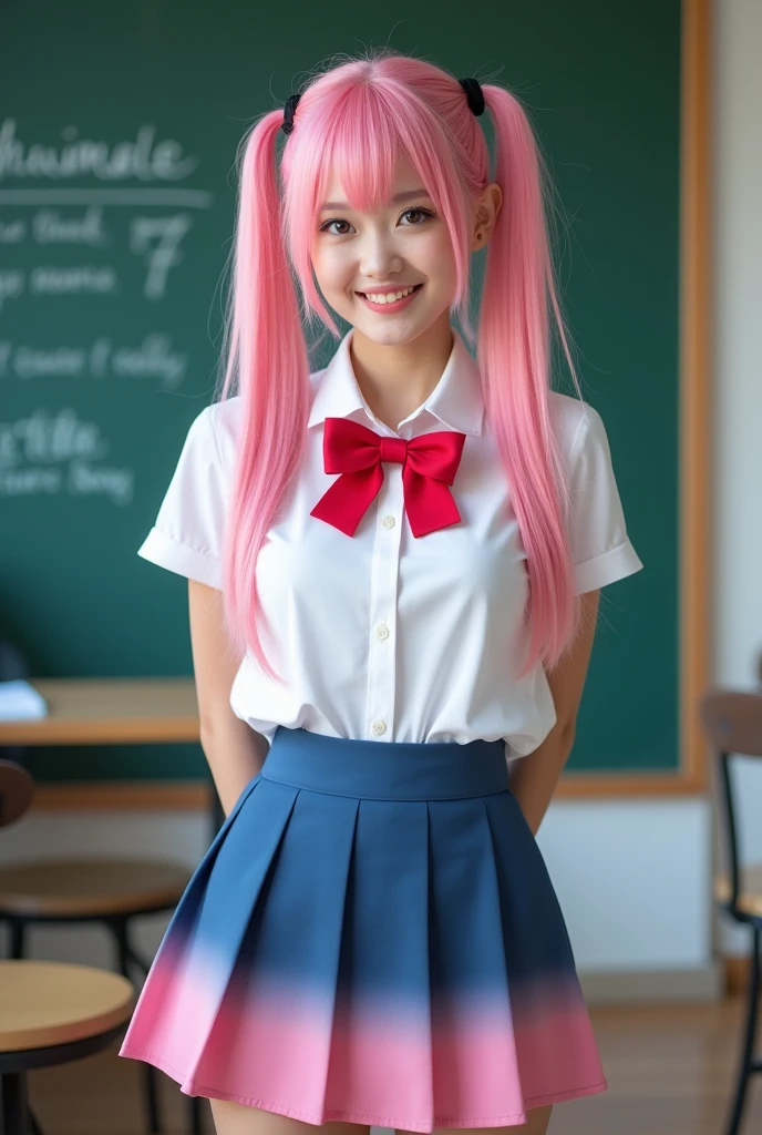 1adult_woman, solo, pink_hair, skirt, casual_uniform, smile, bow, long_hair, twintails, shirt, looking_at_viewer, pleated_skirt, arms_behind_back, pink_eyes, red_bow, white_shirt, chalkboard, standing, bowtie, blush, short_sleeves, red_bowtie, voice over stufio, blue_skirt, day, hair_between_eyes, cowboy_shot, hair_bow, indoors