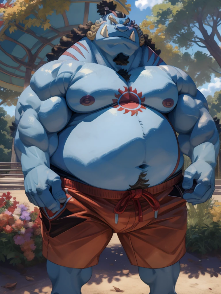 solo, 1boy, (jinbei:1.2, park, blue skin, shorts, smile) (muscular, pectoral, chubby) (topless, shirtless), park background, masterpiece, high detailed, 8k, high resolution