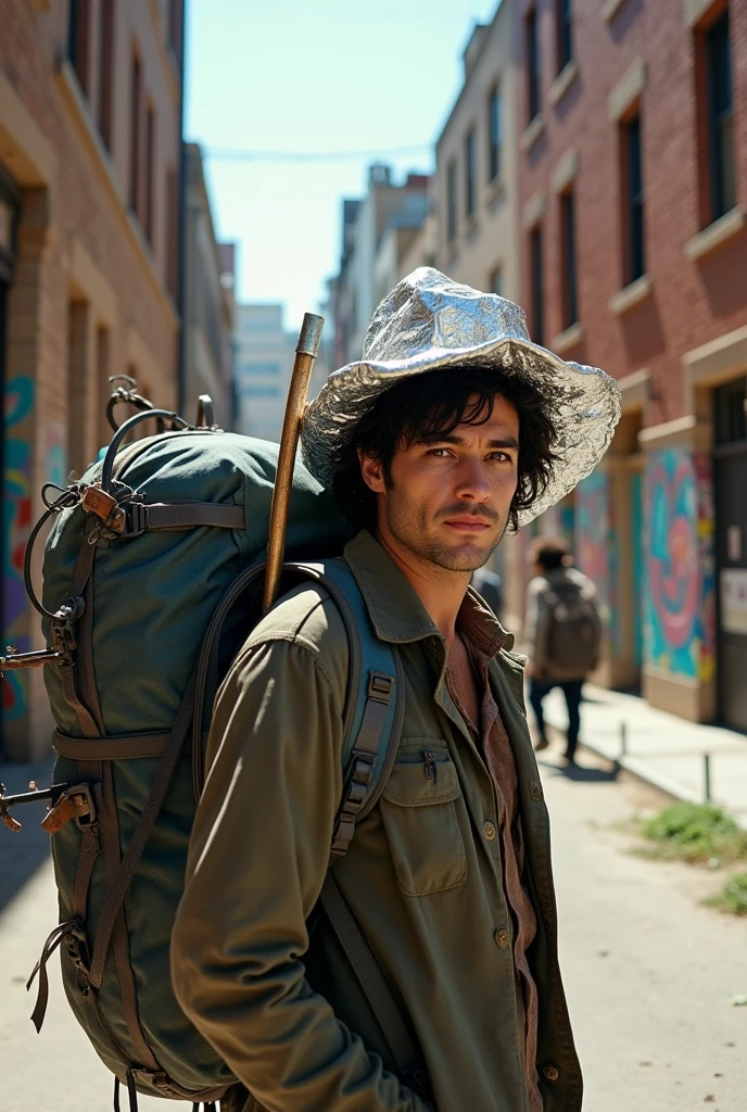 Man with dark hair, dark circles wearing a tinfoil hat, a large backpack with an iron rod attached to it.