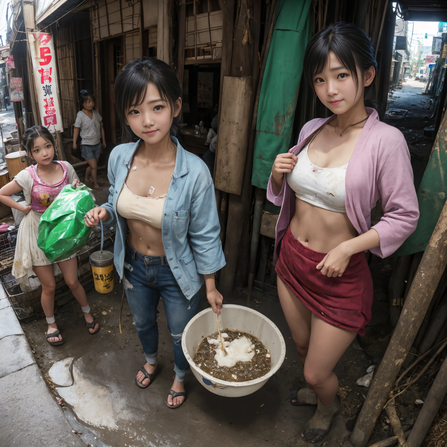 ((masterpiece、Highest quality))、Beautiful girls gather.、Three girls in summer clothes、clothes、(Showa Retro:1.2)、(Detailed and cute face:1.3)、(Poor conditions、Japan's poor neighborhoods、Dim and unsanitary、Standing Bar、みんなで楽しくdiet、Crumbling underground shopping mall)、屋台のdiet店、stage、sewage、Dirty shop、street vendors、Unsanitary and abandoned city、smile、diet、Poor person々
