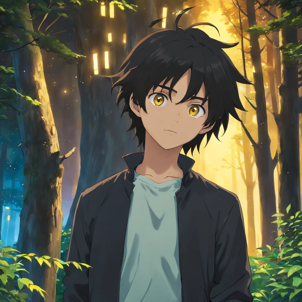 A 19 year old man, medium black hair with a white streak, messy straight hairstyle, bright golden eye color, sharp look, serene and determined expression, with a slight smile on the corner of his mouth, with a black jacket and a white shirt inside, jeans, leaning against the tree Background a forest at night