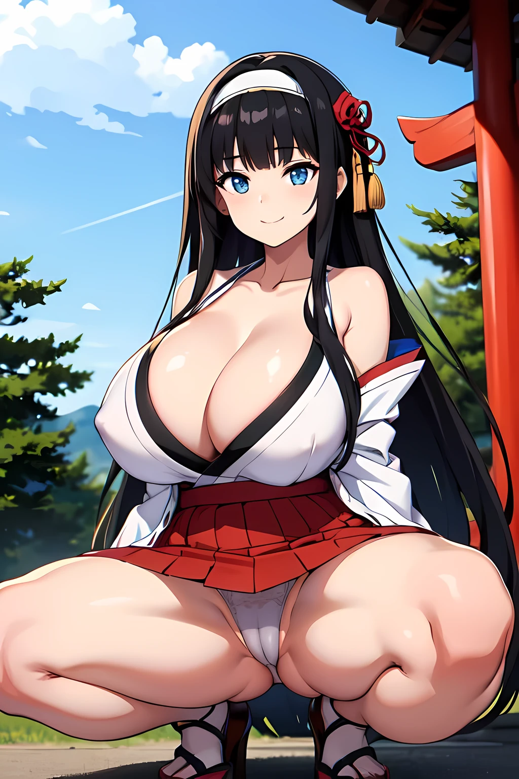 good quality, best quality, highres, absurdres, 8k, 4K, masterpiece, Girl in Japanese shrine maiden outfit, (Hime cut), (super long black hair),(((straight bangs, blunt bangs))),(White headband), Blue eyes, super long black hair, hair ornament, ribbon, smile, Showing her breasts, (Huge breasts:1.3), Cleavage, White kimono, Shoulder-exposing sleeves, open-chested costume, Short skirt, Red Skirt, (upskirt), cameltoe, 