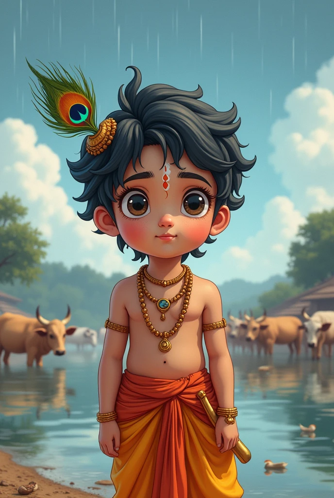 Insta story size image,Anime face,Portrait Photography,Little Krishna,flute in hand, yamuna river bank background,cows,gopikas behind,namam in forehead, peacock feather in head, mother yasoda behind,cloudy weather