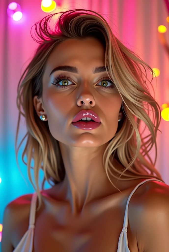 Blacklight on an ultra hot gorgeous European woman, age 23, blonde wavy hair, she’s a playmate, men magazine model. neon, led ,colorful , glowing eyes , beautiful face ,very beautiful , artistic glowing smoke blended with the hair