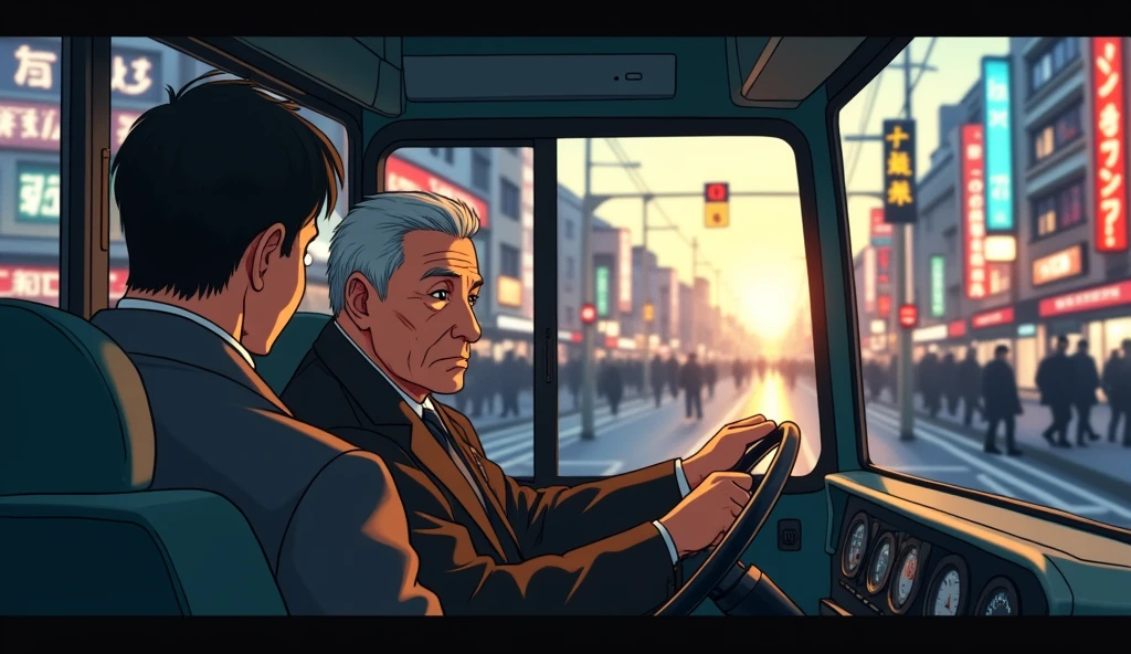 The moment the bus doors closed in front of Taro。Taro has a shocked look on his face.、The bus driver holds up his hand apologetically.。