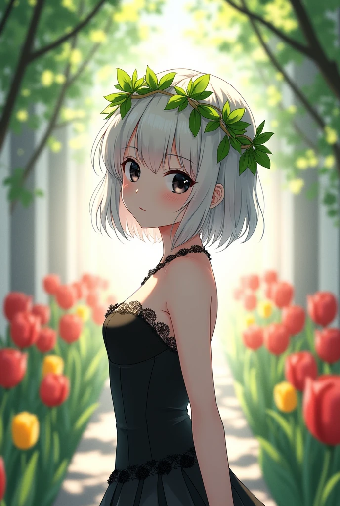 Anime girl with a serious but tender face and black eyes , white skin with short white hair , black clothes like black corset , with a crown of green leaves on her head and a white passage or with tulips.