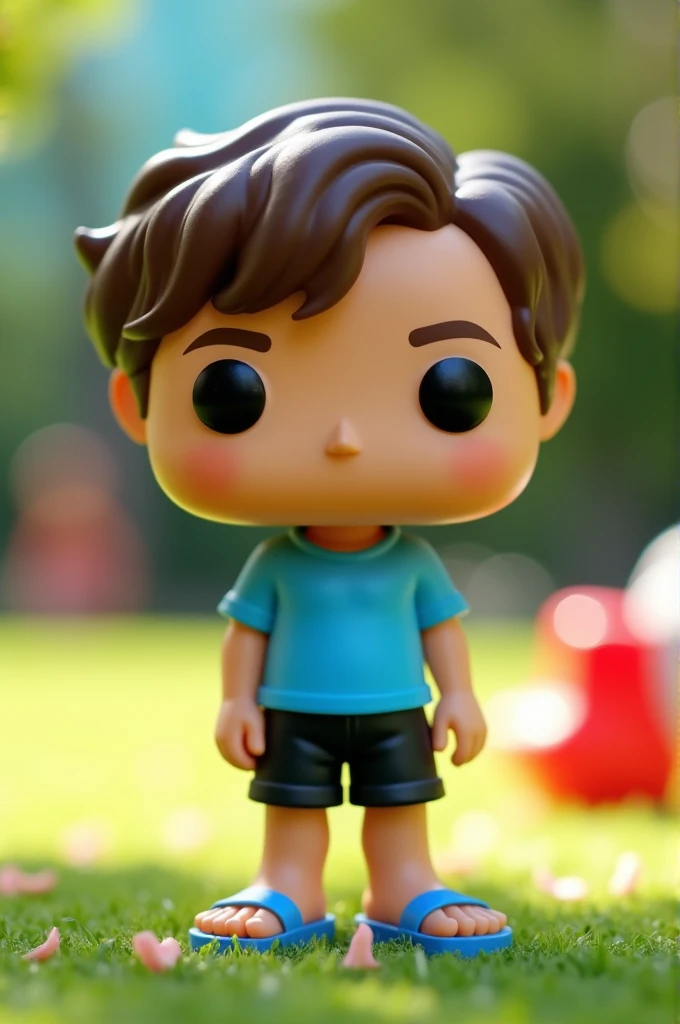 Make a Funko Pop of a Ten Year Old Boy. wavyhair, Caucasian skin, Scrawny, shirt blue,black shorts and flip flops.