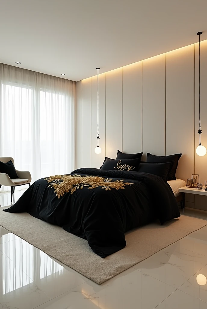 Very large bed and black Versace king size duvet with Sugey's name in gold, ivory marble floor, minimalist bedroom