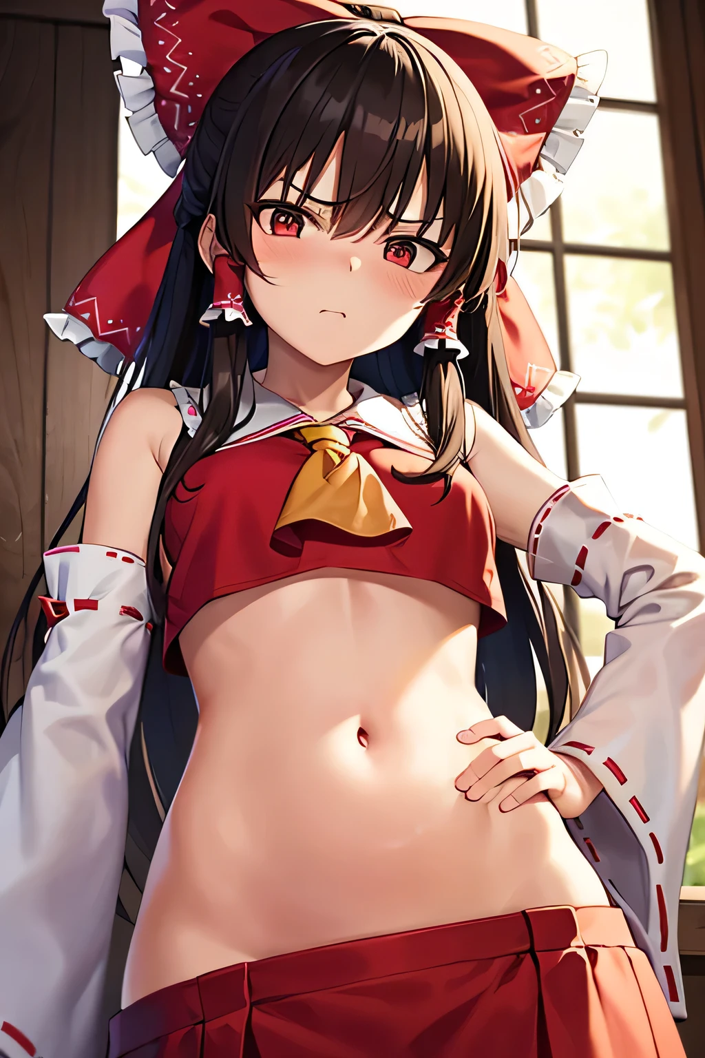 super fine illustration, vibrant colors, masterpiece, sharp focus, best quality, depth of field, cinematic lighting, ultra detailed, belly button, bellybutton, navel, tummy, shrine maiden, hakurei reimu, 1girl, hair bow, ascot, hair tubes, detached sleeves, looking down, red shirt, red skirt, very long hair, curly hair, dark brown hair, mature woman, hakurei reimu, 1girl, hair bow, ascot, hair tubes, miko, detached sleeves, Reimu Hakurei, leaning back, hand on own stomach, annoyed, indoors, wide hips, pouting, puffed cheeks