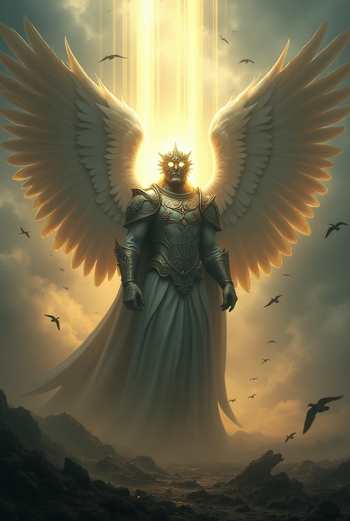 shining war angel god masked rays falling from the sky 