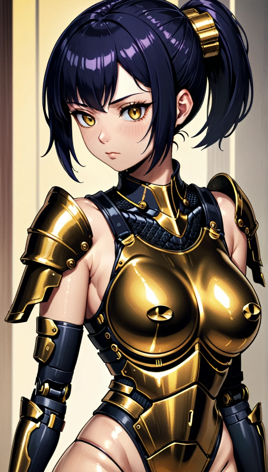 Close-up of a woman in a black and gold outfit, Female cyborg body, Cyber Japan Armor, Cyber Japan style armor, Female body type, Women's Armor, Bikini Armor Female Knight, Girl in Armor, Cyber Japan Samurai Armor, Golden Obsidian Armor, heavy Golden Obsidian Armor, Black and gold armor, Super-smart female android, Body Golden Armor