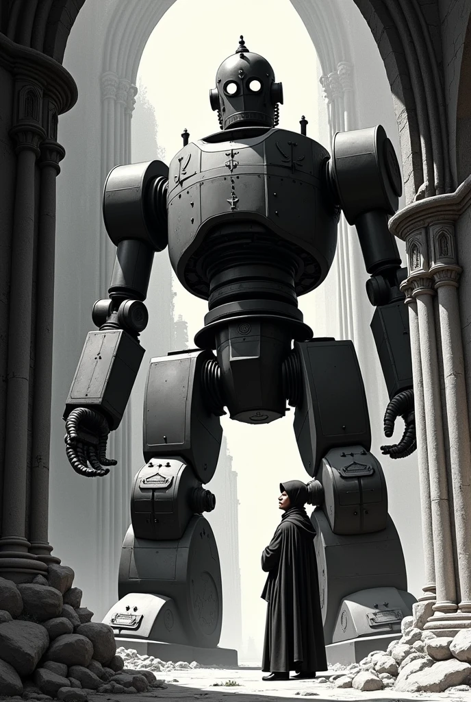 A giant steel robot, 1940s style, with retro design and visible mechanical details, is standing in the ruins of an ancient gothic cathedral. Next to it, a monk in a long cowl and hood, also 1940s style, looks up in awe. The scene is bathed in dramatic light, with deep shadows and sharp contrasts. Classic comic style, clean lines, vibrant colors, black and white background. Mysterious and epic atmosphere. Art by Alex Ross, Jack Kirby. Harvey Comics style.