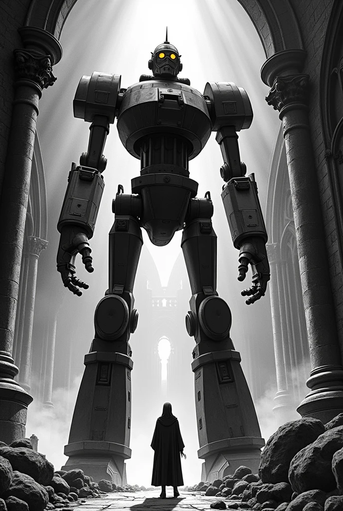 A giant steel robot, 1940s style, with retro design and visible mechanical details, is standing in the ruins of an ancient gothic cathedral. Next to it, a monk in a long cowl and hood, also 1940s style, looks up in awe. The scene is bathed in dramatic light, with deep shadows and sharp contrasts. Classic comic style, clean lines, vibrant colors, black and white background. Mysterious and epic atmosphere. Art by Alex Ross, Jack Kirby. Harvey Comics style. 