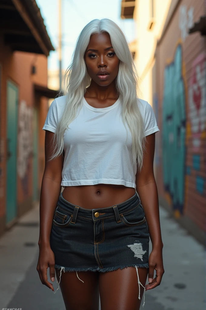 A sweaty muscular black woman with sharp fangs and white hair wears a skirt and a white t-shirt with the long sleeves rolled up.