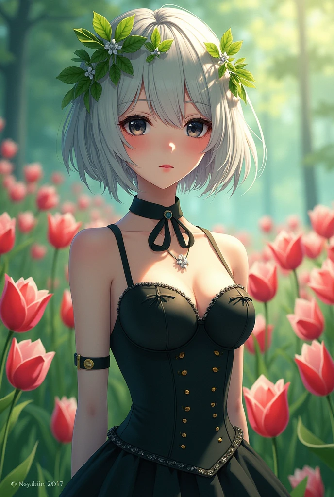 Anime girl with a serious but tender face and black eyes , white skin with short white hair , black clothes like black corset , with a crown of green leaves on her head and a white passage or with tulips.