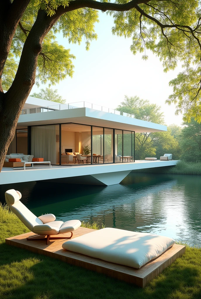 a picture of an open house, with glass walls on top of a white base, that looks like a long path that forms a long bridge over the water, that looks like a huge river. There are trees next to the bed, and near the trees there is a white armchair too. The place is open air, well-lit. Green trees surround the lake with clear waters. She looks like this picture: https://pin.it/1YWipDRip
