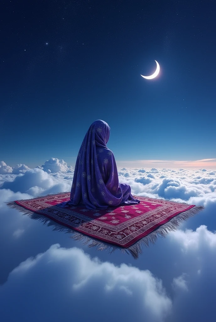 One sitting on a flying carpet above the clouds of a night sky