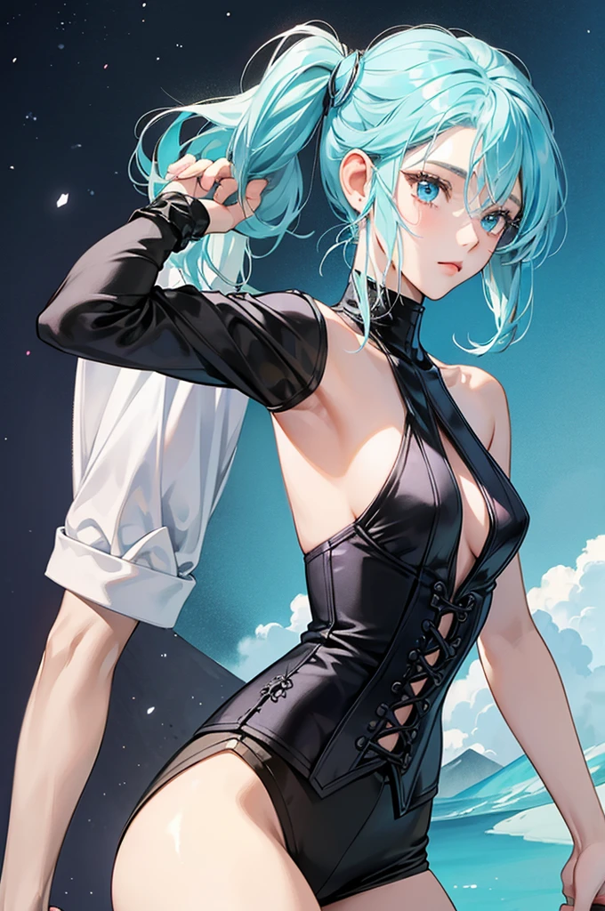 Aqua is a beautiful young woman who has a tall and slender figure.., almost as thin as Ventus and a few inches shorter than Terra. She has blue eyes and medium length icy blue hair., mainly separated to the left. She wears a black and navy blue, turtleneck top, a black corset with two pairs of white laces, and black shorts. She has two pink stripes that cross on her chest., with an distintivo prateado semelhante aos distintivos também usados por Ven e Terra no cruzamento. On Aqua&#39;s arms are white and beige bell sleeves, gloves fingerless. She also uses a small, segmented piece of armor on each arm. She wears black stockings that reach mid-thigh, leaving a small area of bare skin. There are two strips of blue cloth hanging from each of her hips.., junto with an menor, white strip of cloth tied around the waist and rolled up in the same way. His silver boots are pointed and armored, with an "hook" on the outside of each. Glow Up; sheen