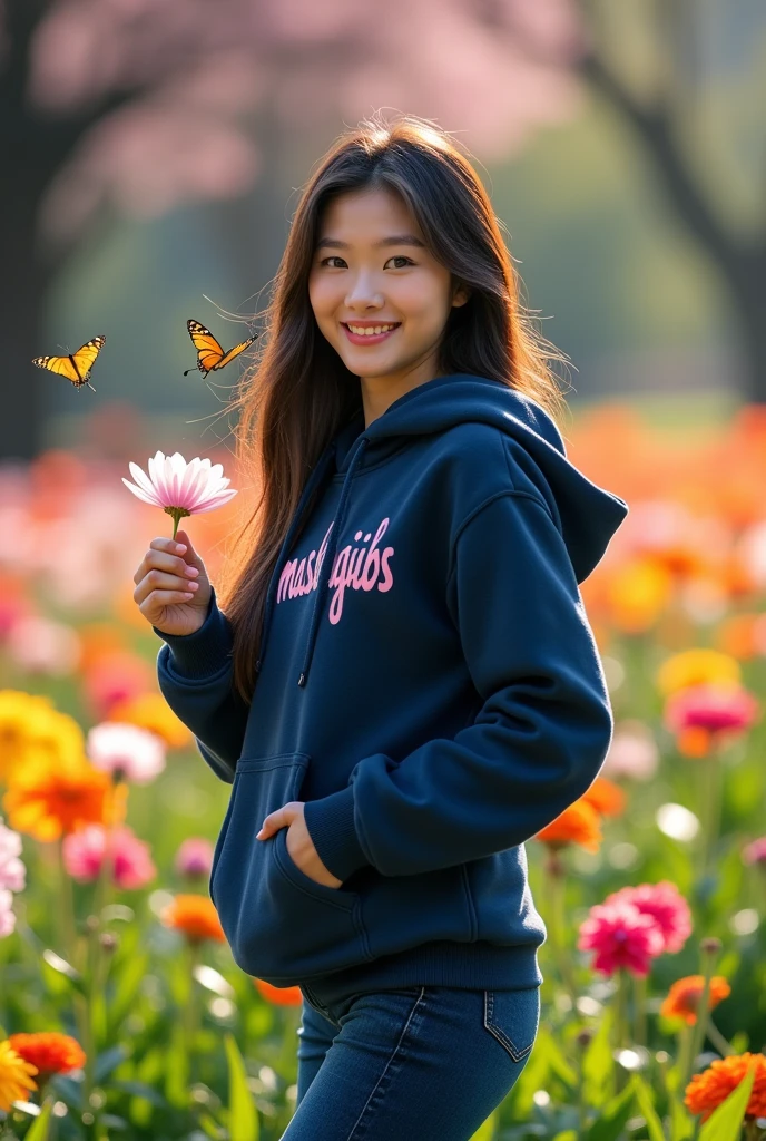 Beautiful white Korean woman with clean, smooth skin wearing a dark blue fleece hoodie with the Mamaskygibs logo, dark blue jeans, Boost shoes, looking straight ahead, picking flowers, approached by a butterfly with a flower garden in the background, original photo