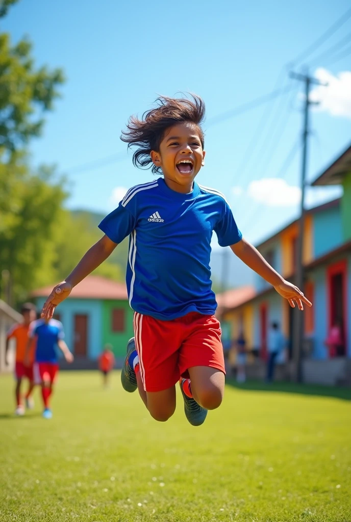 As an 11-year-old Salvadoran boy scoring a goal
