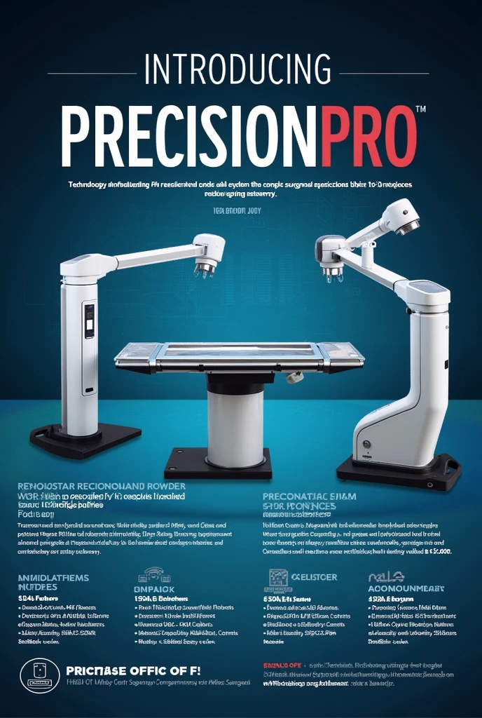 Main Message:

"Introducing the new &#39;PrecisionPro&#39; robotic surgery system!

- Greater precision and control in complex surgical procedures - Reduced risk of complications and faster recovery for patients - Specialized training and technical support for your surgical team Special offer: Get a 10% off your first purchase and a premium maintenance service package for one year.

Sales promotion tool: "Book now and receive a specialized surgical instrument kit valued at $1,000"

Poster design:

The poster will contain:

- A high quality image of the robotic surgery system "PrecisionPro"
- A clear and concise title that highlights the product name and its main benefit - A bulleted list of features and benefits - The special offer and sales promotion tool in a prominent box - Contact information and a call to action to book or learn more The design will be modern, professional and visually appealing, with a color scheme that reflects innovation and precision in the field of surgical instrumentation.

