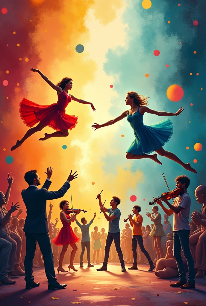 an image that represents the art discipline, that contains theater,Dance, music sculpture and painting. to produce a banner and display it in the classroom, aimed at sixth grade students. 


