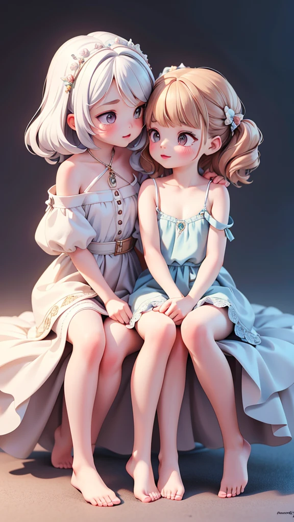 ((petite cute 2girls)), ((cute face)), ((puffy eyes)), ((masterpiece)), ((best quality)), ((ultra detailed)), ((exquisite)), (depth), (crisp), (8k), ((beautiful and aesthetic)), (super detailed skin), ((high standard)), ((highres)), (perfect anatomy), (blush), (lipstick), (strap slip), (barefoot), (yuri, kiss)