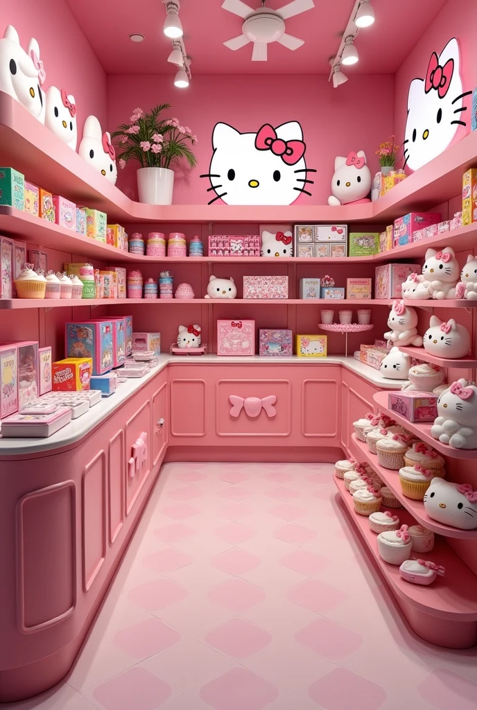 Help me create an image of a store where they sell Hello Kitty food and Hello Kitty stuff, all with hello kitty theme