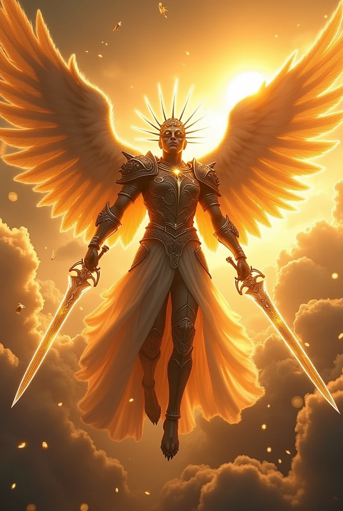 shining war angel god with ray mask falling from the sky carrying 2 swords
