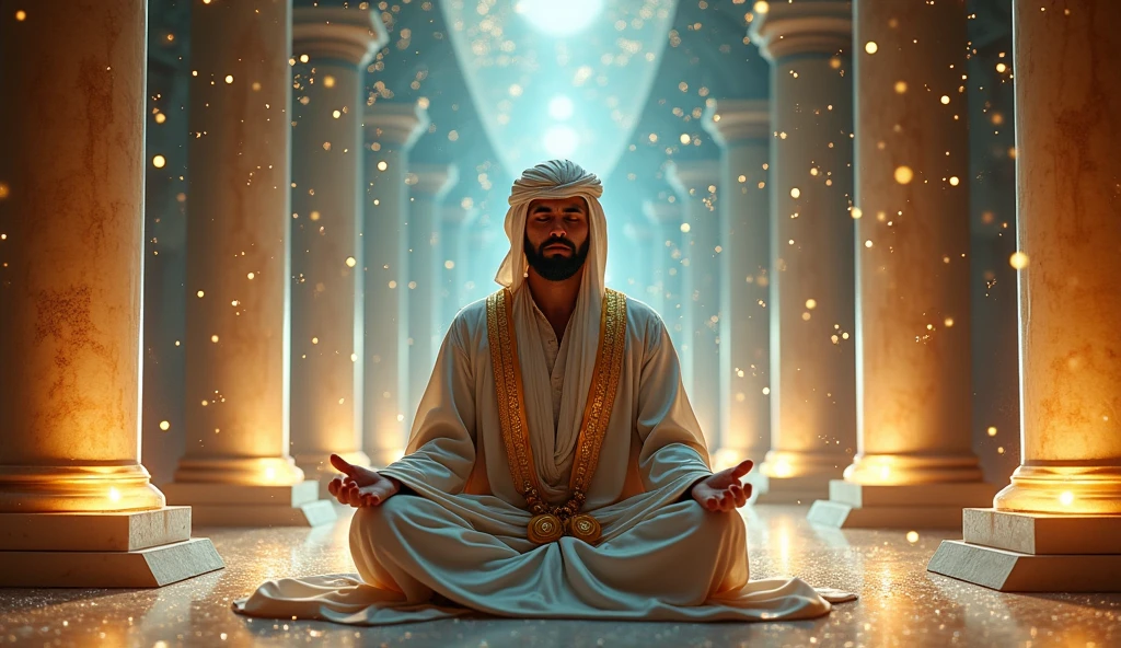 give me an Arab sitting meditating in an astral temple