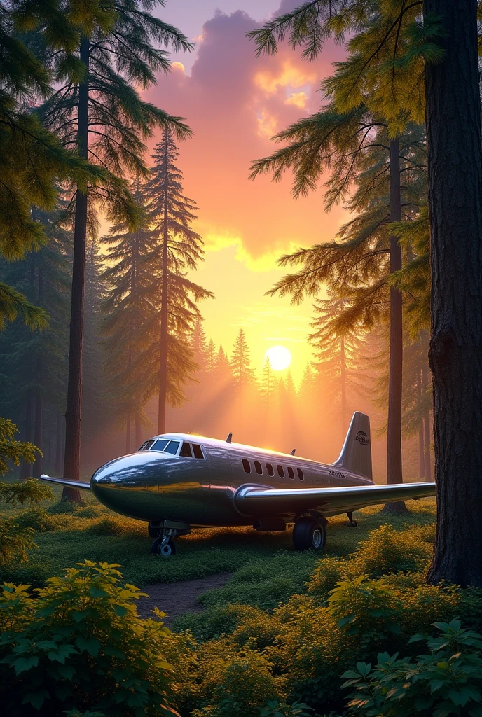 Airplane in the middle of a beautiful forest with sunset
