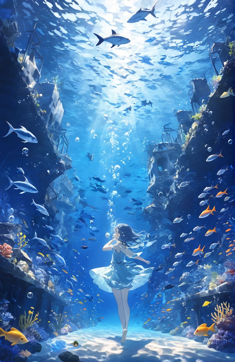 One water fairy、Underwater walking,Underwater Walking、Underwater swimming、超High resolution, High resolution, 4K, 8k,close,cute,Sunken Ruins、Girl in the H2o、surrounded by bubbles、A world of deep blue、 work in deep blue tones,A sunken ship2One lying、A lot of fish come and go、A water fairy who talks to colorful fish、God in the Deep Water々A bright light is emitted and I am sucked in.。